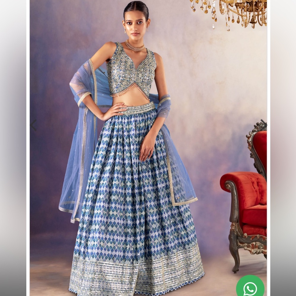 INDYA LUXE Blue Abstract Print Lehenga Set With Embroidered Blouse, Mesh Dupatta